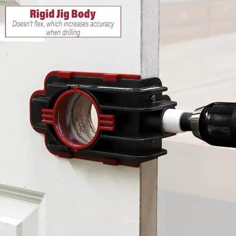 Door Lock Installation Kit With Jig For Wood And Metal Doors Fits Standard Doors From One And Three Eighths Inches To One And Three Quarters Inches Thick Includes Bi Metal Cobalt Hole Saws And Step Drill Guide For Precise Easy Lock Installation No Fuss used on door with black and red jig