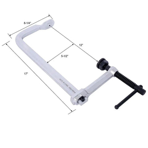 Heavy Duty 12 Inch F Clamp With Drop Forged Arm And Black Oxide Spindle For Woodworking Welding Metalworking DIY Projects With Quick Twist Pads That Hold Strong measured with dimensions.
