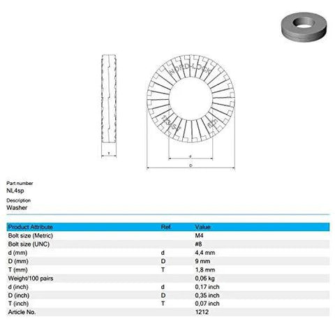 Wedge locking washer, M4, carbon steel with zinc-flake coating; front and side views with 3D render; pair