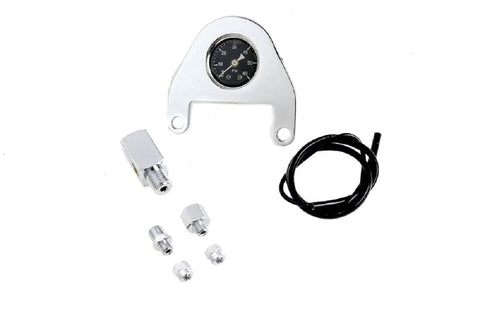 Twin Cam oil pressure gauge kit with silver mounting bracket, black dial gauge, wiring, and metal adapters.