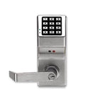Satin Chrome Trilogy Cylindrical Privacy Lock With Standard Key Bypass And Digital Keypad For Offices, side view showcasing keypad and handle.