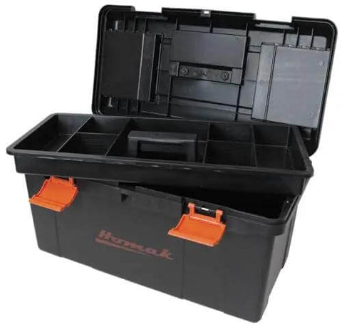 Heavy Duty Plastic Toolbox With Tray And Dividers Black 22 Inch Storage Case For Tools With Removable Lid Compartments Double Latch