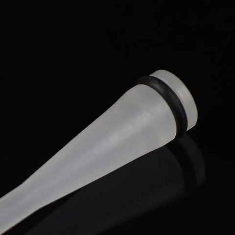 Close-up of transparent spout with black ring from Two Pack Bike Brake Bleed Funnel With M5 Threaded Spout For Shimano Hydraulic Systems And Mountain Bikes Mineral Oil Compatible Easy Oil Injection Kit For Outdoor Riders And Bike Enthusiasts.