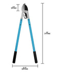 Heavy Duty Compound Action Anvil Lopper With Aluminum Handle 28 Inch Reach upright view showing blue grips and measurements.