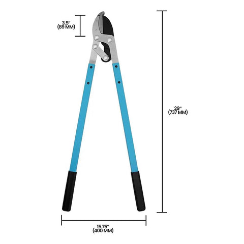 Heavy Duty Compound Action Anvil Lopper With Aluminum Handle 28 Inch Reach upright view showing blue grips and measurements.
