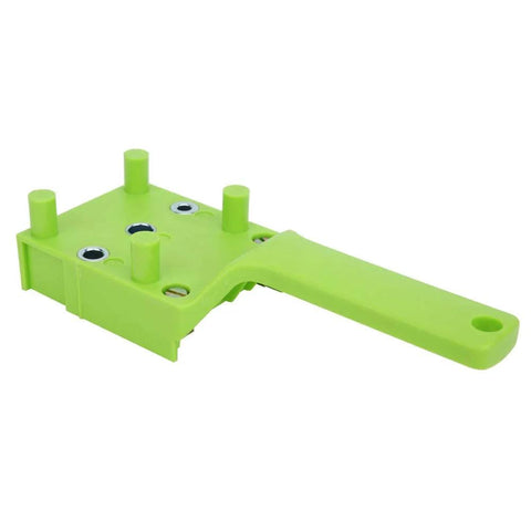 Front view of green woodworking doweling jig kit, part of 8 piece drill guide set for precise 6mm, 8mm, 10mm holes, pro-grade adjustable