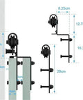 Dimensions of Heavy Duty Barn Door Hardware Kit For 4 To 16 Foot Sliding Track System showing J Shaped Rollers and measurements