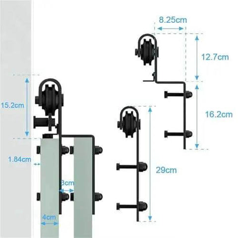Dimensions of Heavy Duty Barn Door Hardware Kit For 4 To 16 Foot Sliding Track System showing J Shaped Rollers and measurements