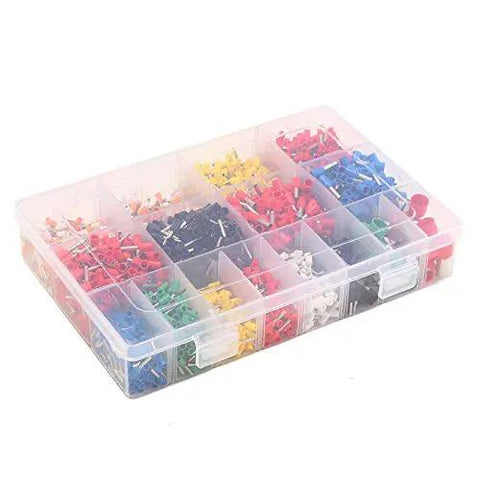 Top Shelf Copper Crimp Connectors For 22 Through 5 Awg Wire Featuring Thick Insulated Pin Terminals in a clear organizer box.