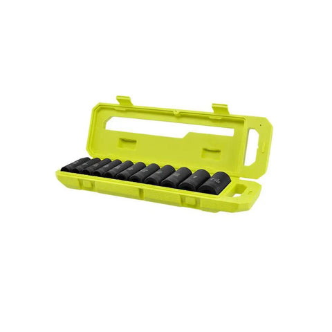 11 Piece Half Inch Drive Metric Deep Impact Socket Set With Thin Wall Deep Well Design in open yellow storage case