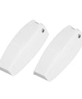 Two white ABS door holders from 5 Pack Baggage Door Catch for RVs with spring loaded hinge, designed for cargo compartments.