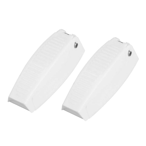 Two white ABS door holders from 5 Pack Baggage Door Catch for RVs with spring loaded hinge, designed for cargo compartments.