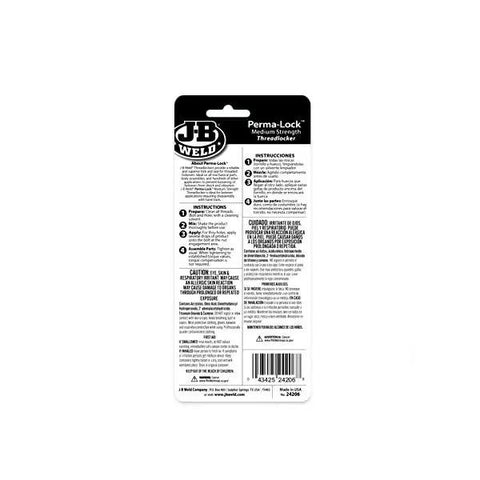 Back view of Perma Lock Blue Medium Strength Thread Locker 6 Ml Heavy-Duty Replacement packaging with instructions visible.