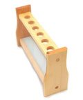 Six Slot Wooden Test Tube Rack For Lab And Classroom Use Premium Fir Wood Holder With 0.82 Inch Holes, angled view.