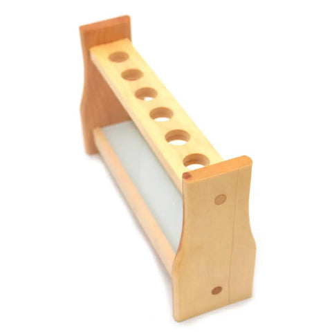 Six Slot Wooden Test Tube Rack For Lab And Classroom Use Premium Fir Wood Holder With 0.82 Inch Holes, angled view.