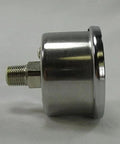 Harley Davidson oil pressure gauge with stainless steel case and 1/8 NPT fitting, side view of shockproof liquid-filled gauge.