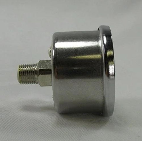 Harley Davidson oil pressure gauge with stainless steel case and 1/8 NPT fitting, side view of shockproof liquid-filled gauge.
