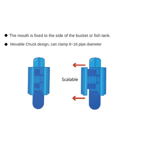 Adjustable Hose Clip Holder For Aquariums Buckets And Tanks, blue plastic mount clamp fits 0.31-0.62 inch hoses, scalable design.
