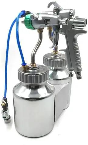 Heavy Duty Workhorse Pneumatic Spray Gun With Slick Dual Nozzle Setup For Crisp Industrial Finishes Built Hella Tough Using Premium Stainless Steel Internal Parts And Reliable Pressure Feed Operation with dual metal paint cups.