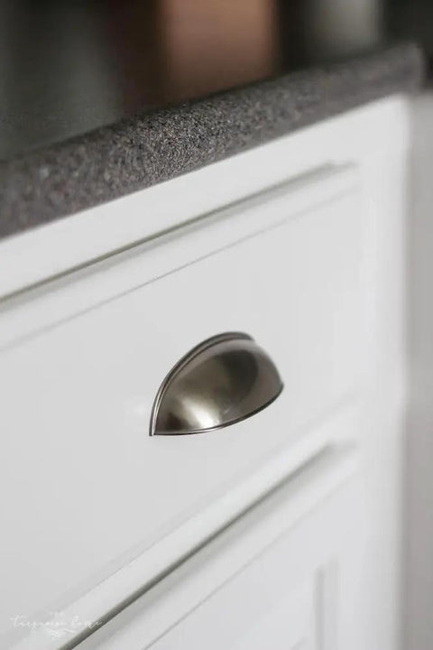 76.2mm Brushed Nickel Cup Pulls For Cabinets And Drawers Classic Farmhouse Kitchen Cabinet Handles Solid Zinc Durable 3 Inch Center To Center Hardware For Bath Vanities on white cabinet