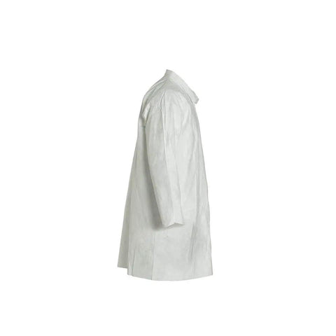 Side view of Disposable Lab Coat With Open Cuff And Hood White X Large 30 Pack Cleanroom Ready Comfort Fit Design