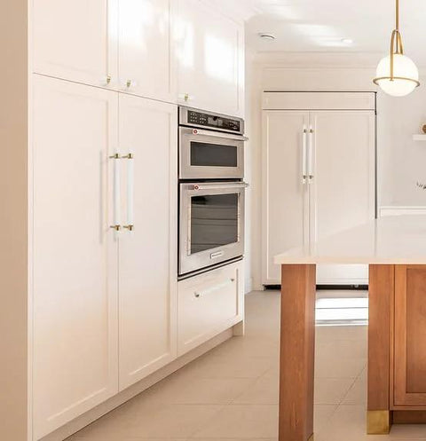 Kitchen cabinet with brushed brass and clear acrylic cabinet pulls, modern T bar design, 11.2 inch total length, 9 inch hole center.