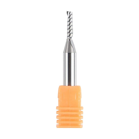 Front view of SpeTool carbide end mill with orange plastic sleeve; 1/8 dia, 1/4 shank.