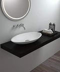 Top Shelf White Oval Vessel Vanity Sink Solid Artificial Stone Above Counter Bowl Basin built tough in modern bathroom setting.