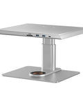 Premium Aluminum Laptop Stand With 6 In 1 Docking Station Ergonomic Adjustable Riser with USB ports and tempered glass top.