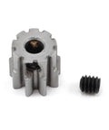 Boss Level Hardened 9T Pinion Gear 32P for RC cars and trucks; 9 teeth, durable steel gear shown with screw, ideal for hobbyists.