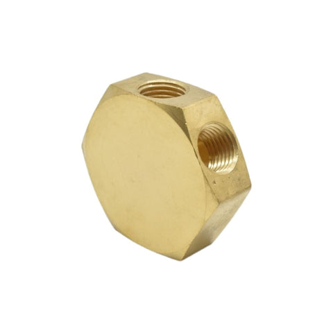Brass Flat Hex Pneumatic Manifold FPM44R, showing 3 Way Outlets, 1/4 Inch NPT Female Inlets and Outlets, industrial-grade view