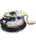Front view of electromagnetic brake unit for scooter/wheelchair; silver housing with black coil and mounting lever