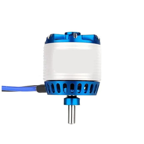 Side view of Brushless Motor 585KV 760KV 880KV 1025KV for RC Drones Quadcopters and Fixed Wing Planes, blue and white design.