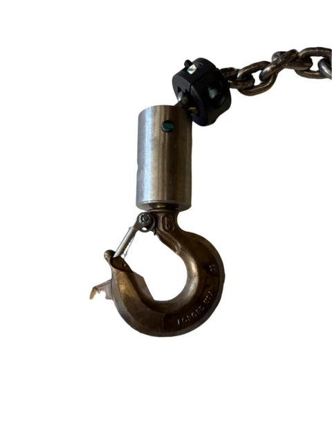 Air hoist hook and chain assembly; steel hook with latch and spark-resistant housing