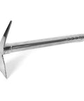 Stainless Steel Garden Pickaxe Hoe Grab-And-Go Double-Use Tool For Planting And Weeding, angled view of steel hoe on white background.