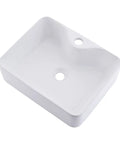 White Vessel Sink With Gold Faucet And Drain, 18x13 Inch Above-Counter Rectangle Ceramic Porcelain Bathroom Basin, top view
