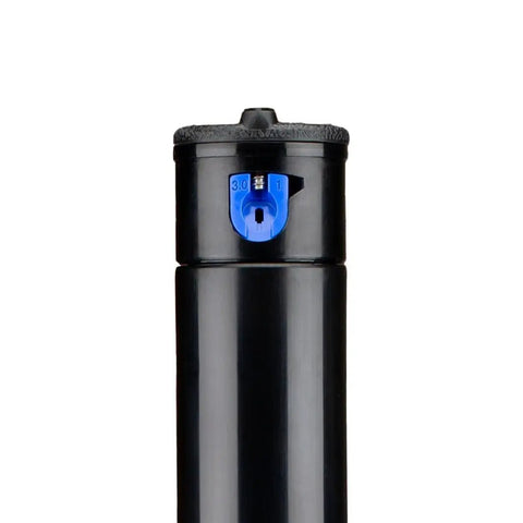 Close-up view of adjustable six inch pop up rotor sprinkler head for lawns and yards, 50 to 360 degree arc, three quarters inch inlet