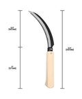 K202 Lavender Harvest Sickle And Berry Knife With Notched Wooden Handle, 6.5-inch curved serrated blade, product dimensions visible.