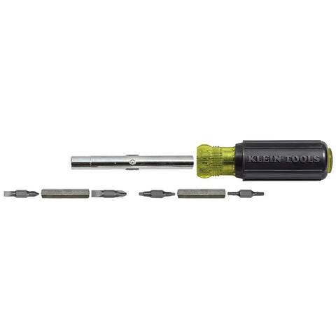 All-In-One Screwdriver Kit With 11-In-1 Multi-Bit Driver shown with bits detached, includes Phillips, Slotted, Square, Torx bits.
