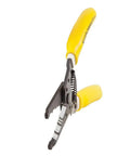 Dual NMD-90 Cable Stripper And Wire Cutter With Curved Serrated Nose, yellow handles, showing open position, Made In USA K1412CAN.