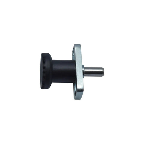 Heavy Duty Flanged Indexing Plungers Featuring Spring Loaded Knobs For Zero Hassle Positioning With Smooth 6mm And 8mm Pins, flanged plunger with black knob and steel pin.