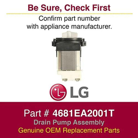 Front view of LG 4681EA2001T drain pump assembly for LG washing machines; OEM part with LG logo.
