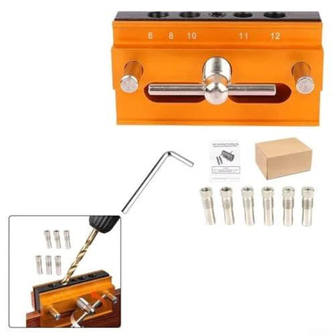 Adjustable Doweling Jig Kit For Straight Holes With Six Drill Guide Bushings Pro Grade Biscuit Joiner Set, orange aluminum body