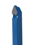 Lathe tool bit with carbide-tipped insert on blue 1/4-inch shank, close-up view