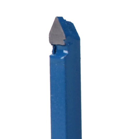 Lathe tool bit with carbide-tipped insert on blue 1/4-inch shank, close-up view