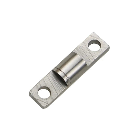 Close-up of a small embedded torque hinge damper plate with two mounting holes.