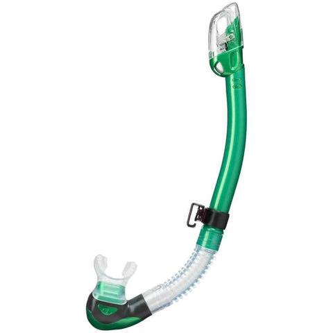 Hyperdry Elite II Dry Top Snorkel for Scuba Diving Gear with translucent tubing, low profile design, silicone mouthpiece.
