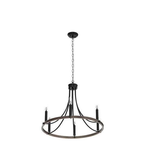 Wagon Wheel Farmhouse Chandelier With Six Lights, Black Round Pendant Light with wood grain and adjustable chain on white background.