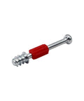 Rock Solid M6 42mm Cam Lock Screws For Furniture Assembly With Eccentric Wheel Connectors And Self Tapping Hardware For Cabinet Buildouts No Sweat Wood Joints Two In One Fastener Kit 100 Piece Set close-up of a single screw with red grip.