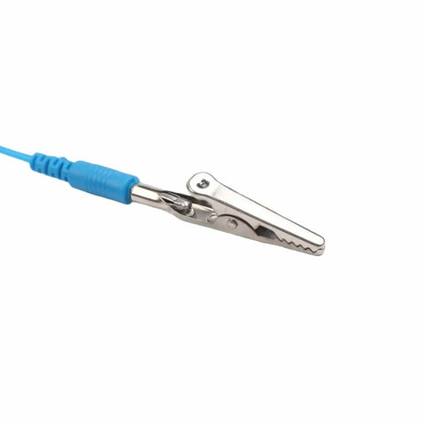 Close-up of alligator clip from Anti Static Wrist Strap ESD Grounding Bracelet For Electronics Repair with blue connector.